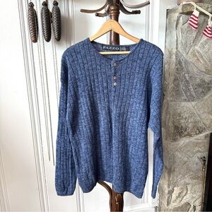 Vintage 90s Blue Ribbed Knit Casual Henley Long Sleeve Shirt